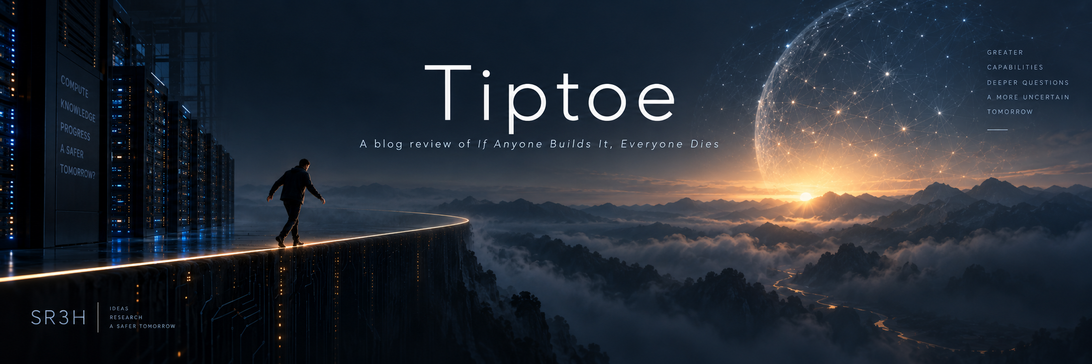 Tiptoe: a person walks along the edge of a computing platform above mountains at sunrise, beneath a networked globe.