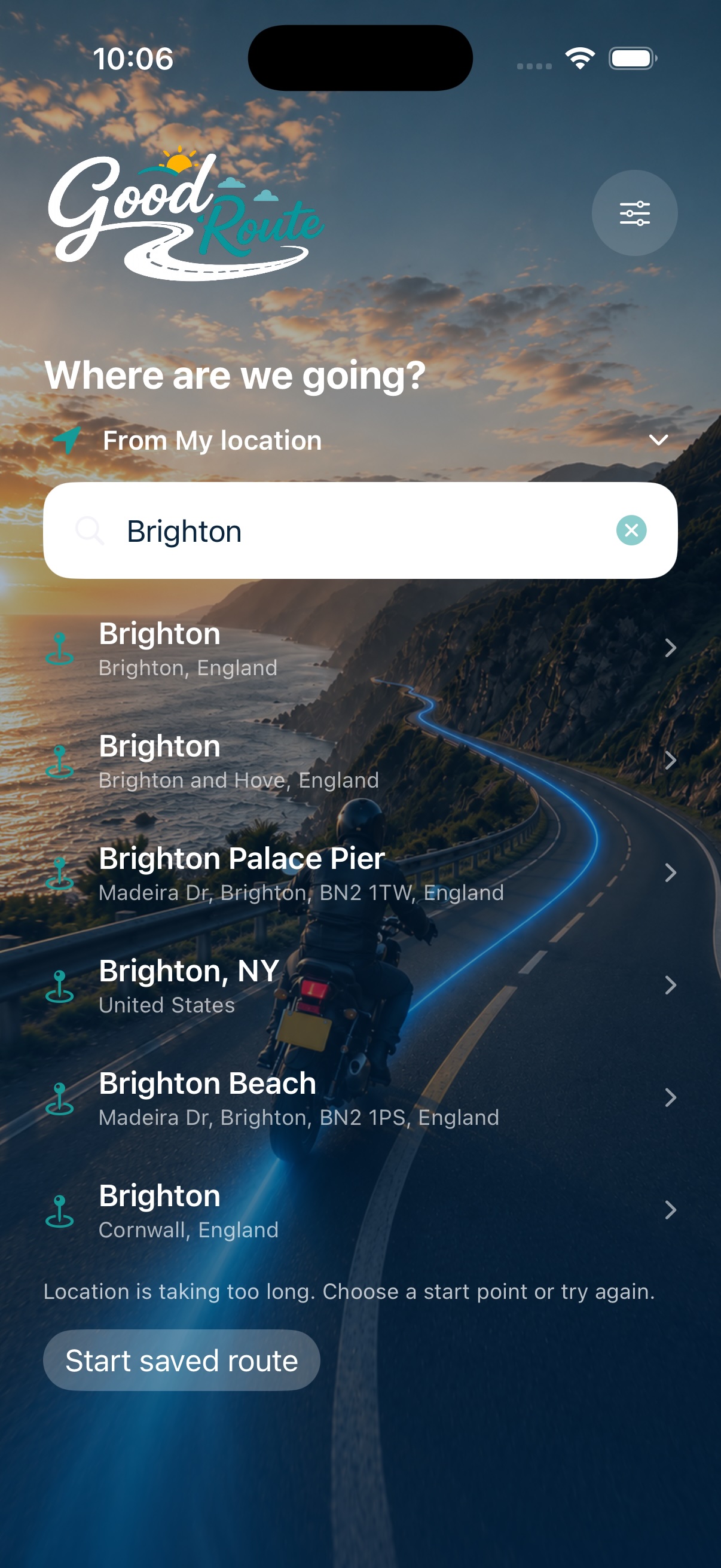 Good Route route-selection home screen