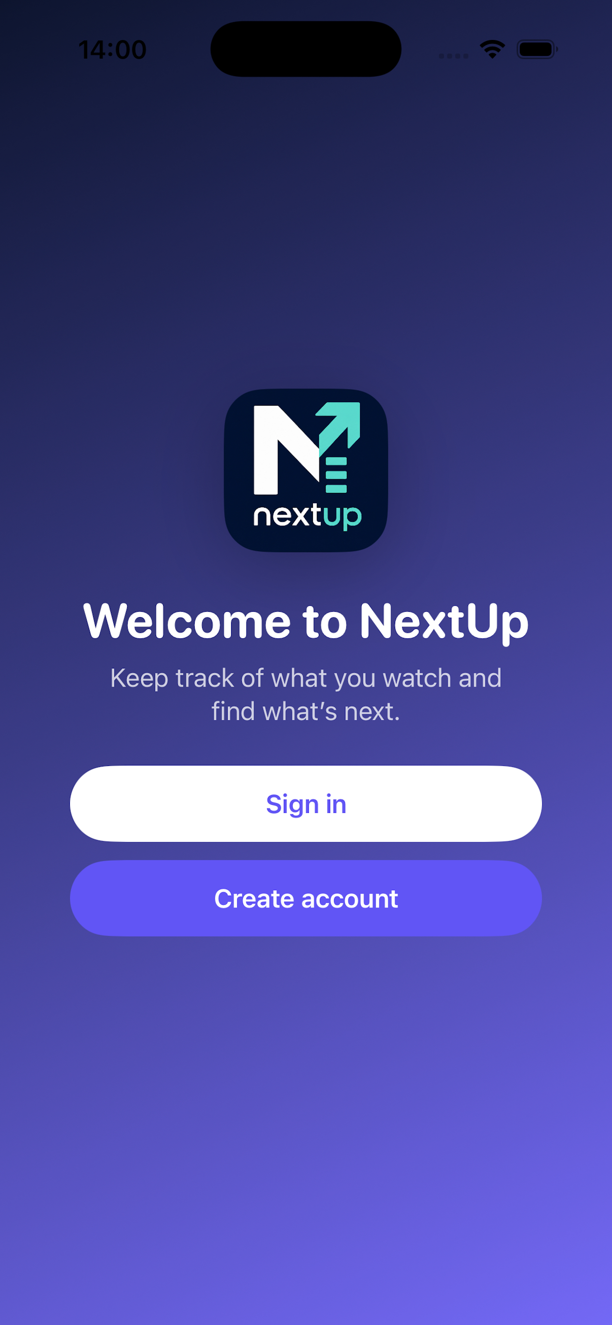 NextUp welcome screen