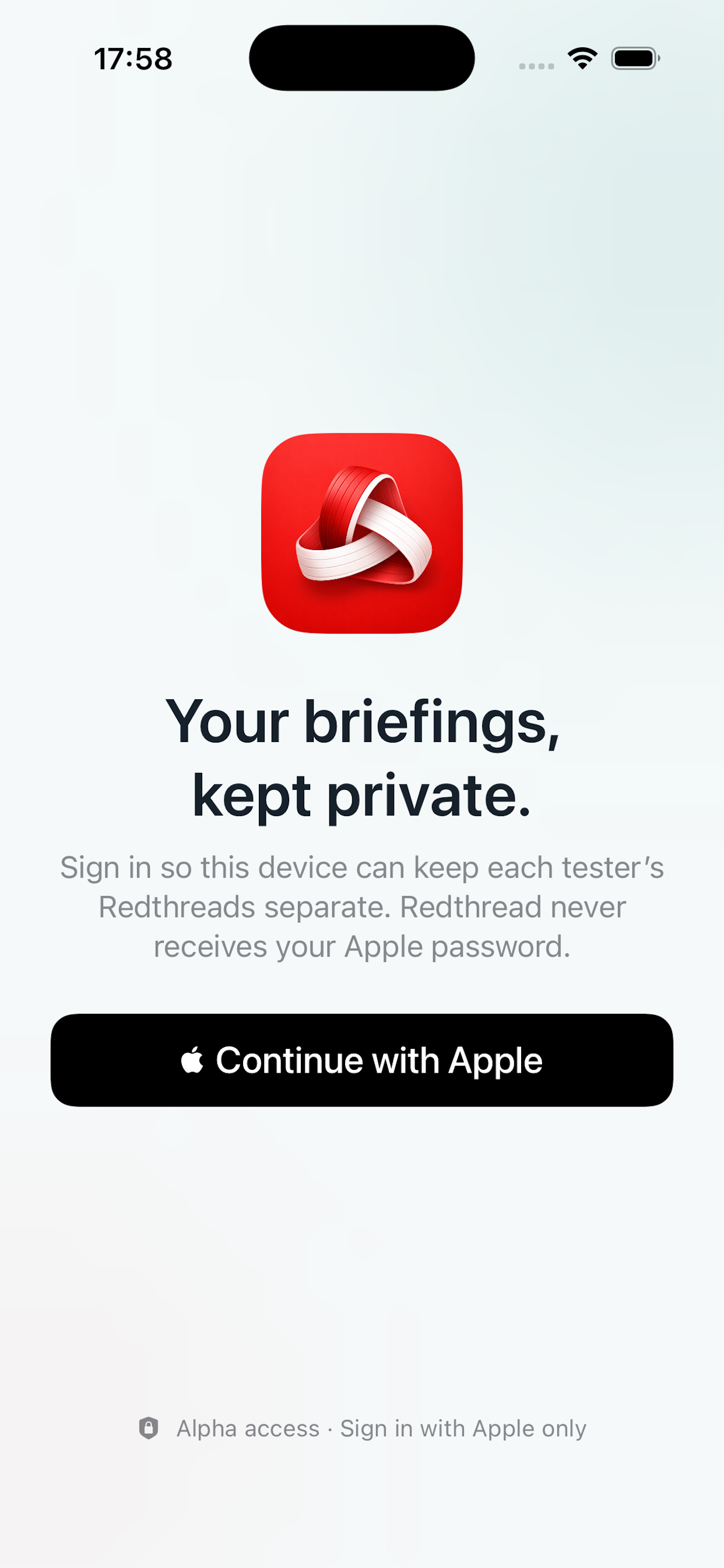 Redthread private briefings sign-in screen